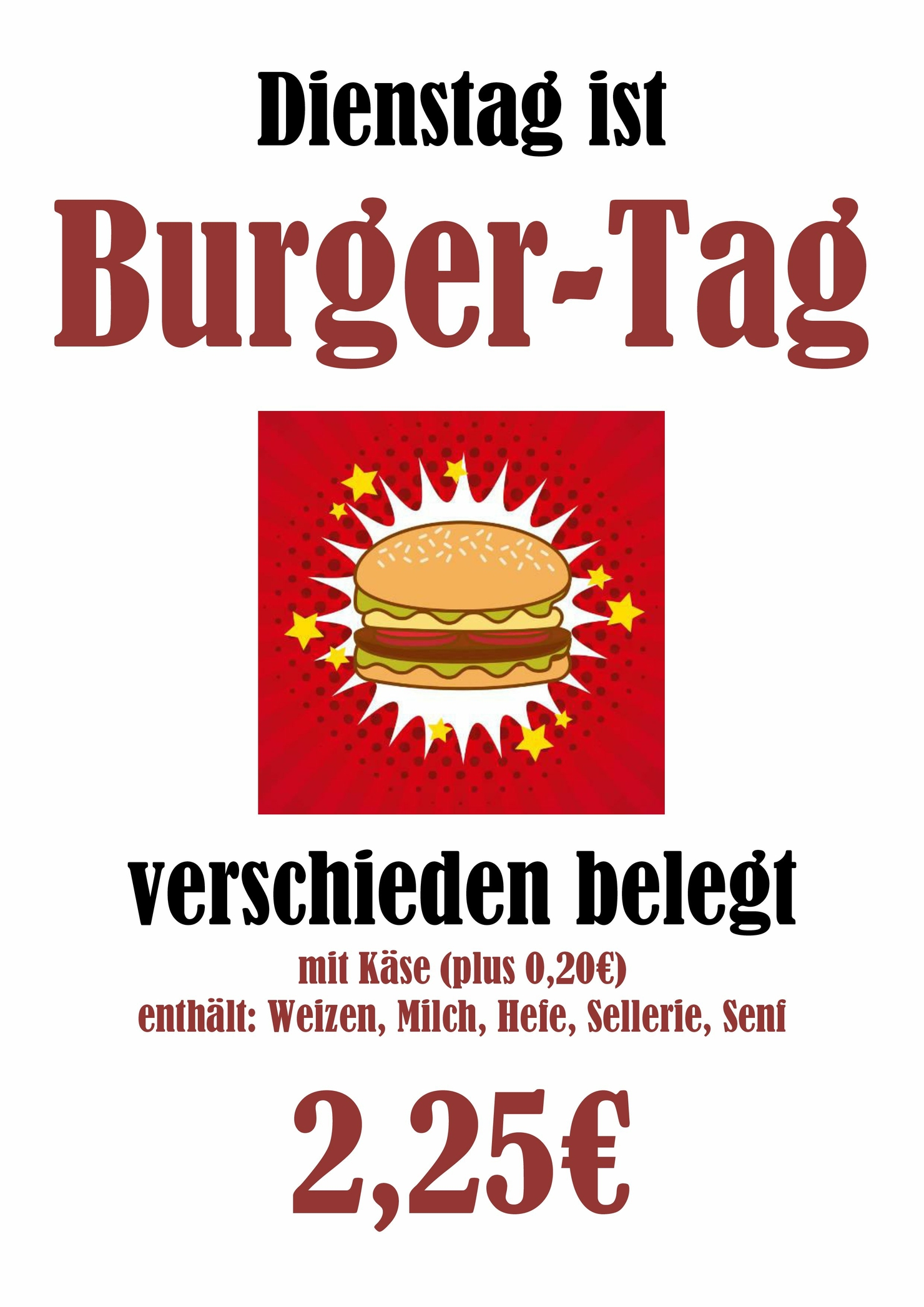 Preisliste für Burger - Verkauf dienstags